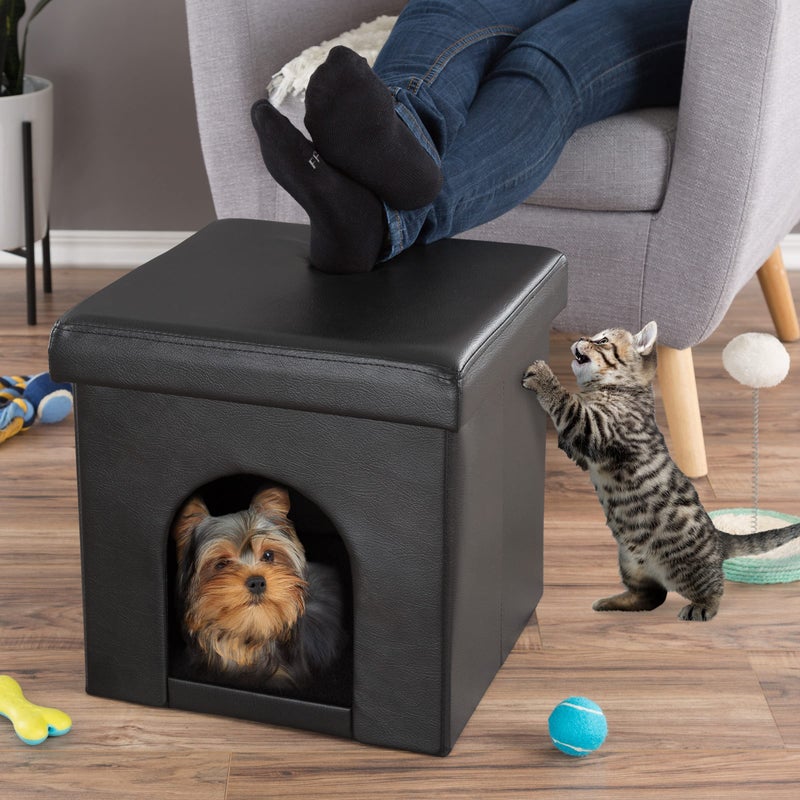 PETMAKER Cat House â€“ Collapsible Multipurpose Small Dog or Cat Ottoman with Footrest, Cushioned Top, and Interior Pillow by PETMAKER (Black) - Image 3